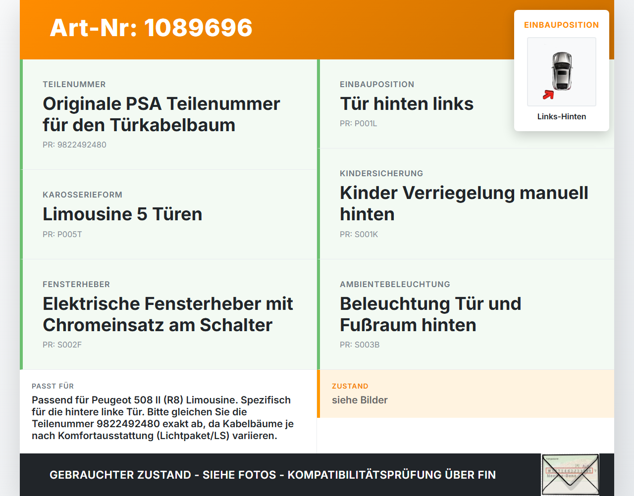 Peugeot 508 II 18-23 Lim Kabelbaum für Tür und Fensterheber Links Hinten Peugeot 508 II 18-23 16.07.2019 9822492480... Vorschau 3