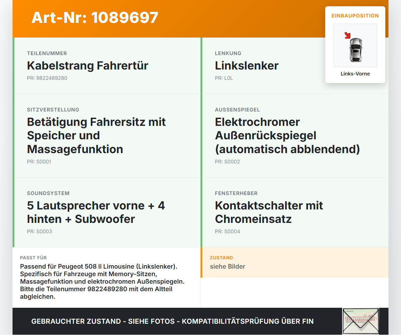 Peugeot 508 II 18-23 Lim Kabelbaum für Tür und Fensterheber Links Vorne Peugeot 508 II 18-23 16.07.2019 9822489280... Vorschau 3