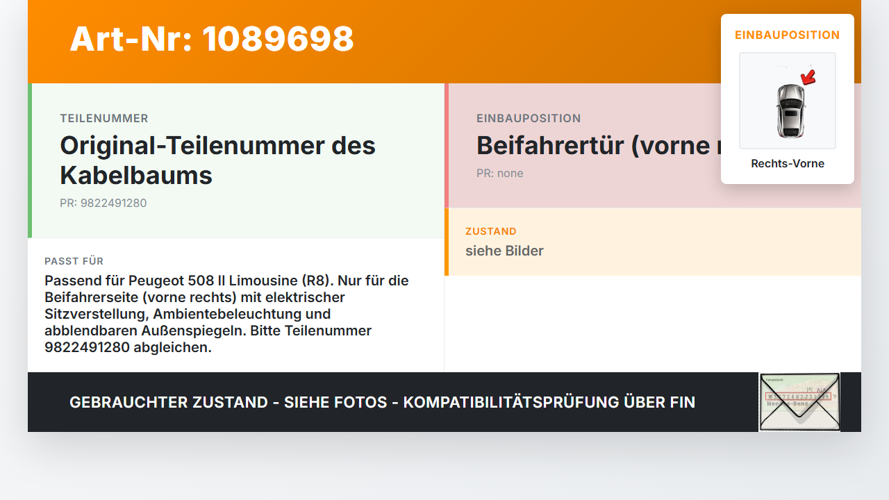 Peugeot 508 II 18-23 Lim Kabelbaum für Tür und Fensterheber Rechts Vorne Peugeot 508 II 18-23 16.07.2019 9822491280... Vorschau 3