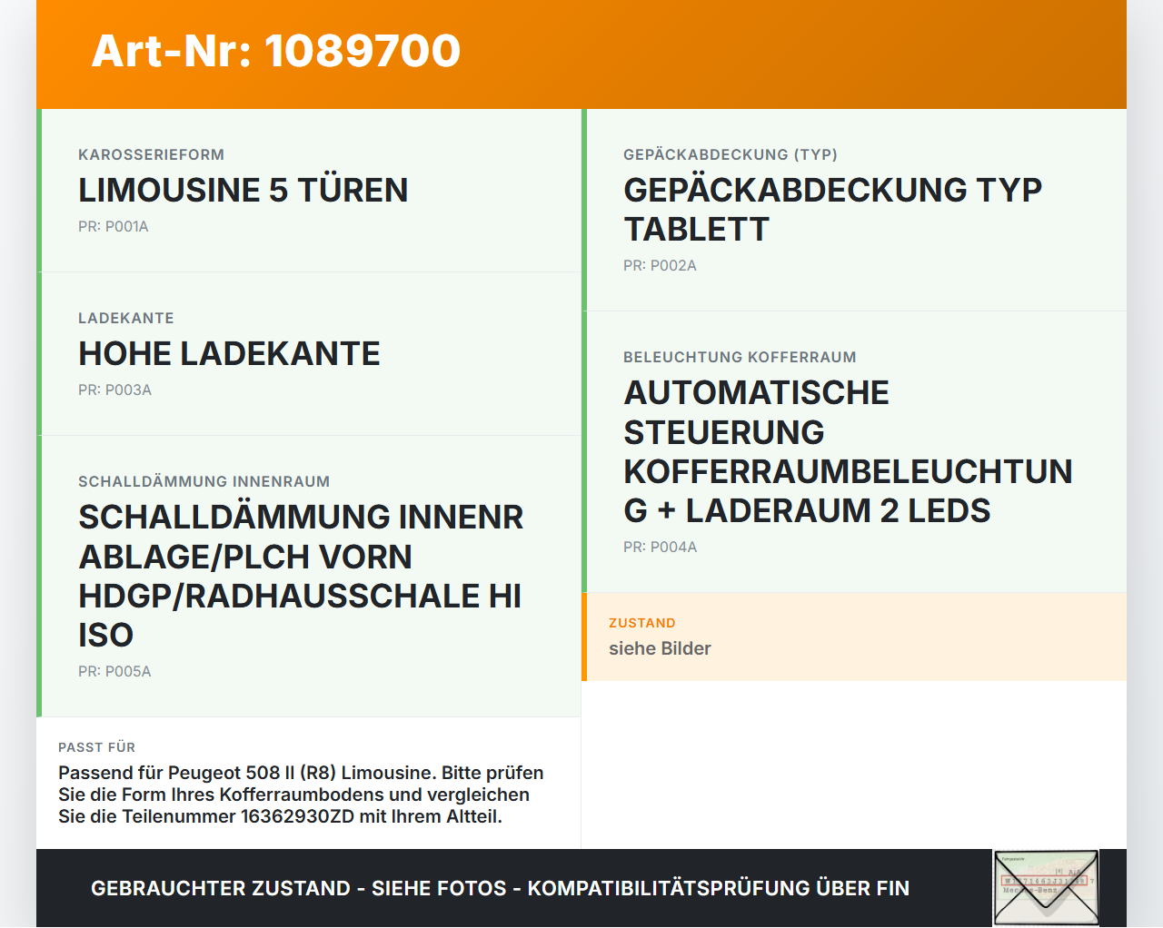 Peugeot 508 II 18-23 Lim Kofferraummatte Kofferraum Einlegeboden Peugeot 508 II 18-23 16.07.2019 16362930ZD gebraucht Vorschau 3