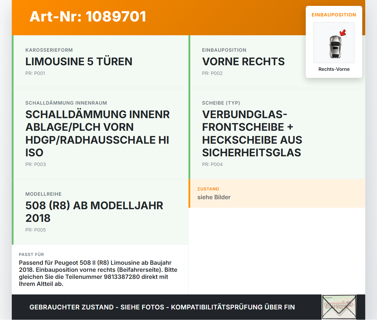 Peugeot 508 II 18-23 Lim Dichtung für Rahmen Tür Rechts Vorne Peugeot 508 II 18-23 16.07.2019 9813387280 gebraucht Vorschau 3