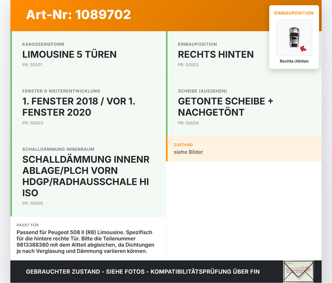 Peugeot 508 II 18-23 Lim Dichtung für Rahmen Tür Rechts Hinten Peugeot 508 II 18-23 16.07.2019 9813388380 E06352.K... Vorschau 3