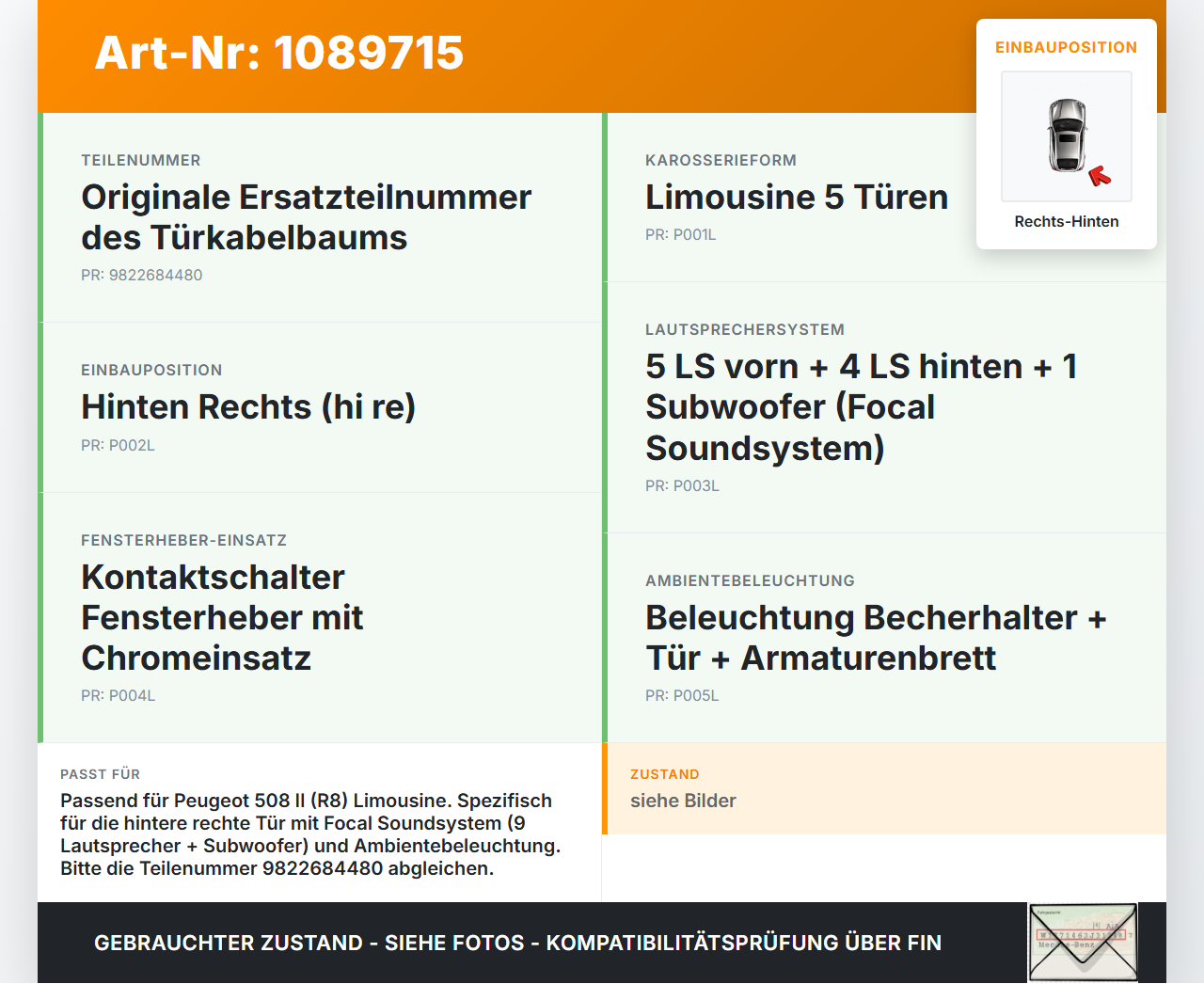 Peugeot 508 II 18-23 Lim Kabelbaum Leitungssatz Türkabelbaum Hinten Rechts Peugeot 508 II 18-23 16.07.2019... Vorschau 3