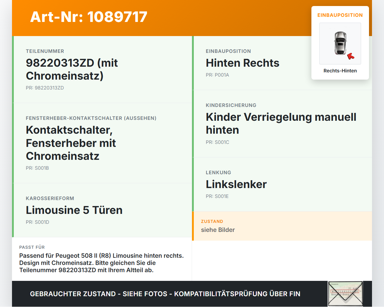 Peugeot 508 II 18-23 Lim Fensterheberschalter Schalter Rechts Hinten Peugeot 508 II 18-23 16.07.2019 98220313ZD... Vorschau 3
