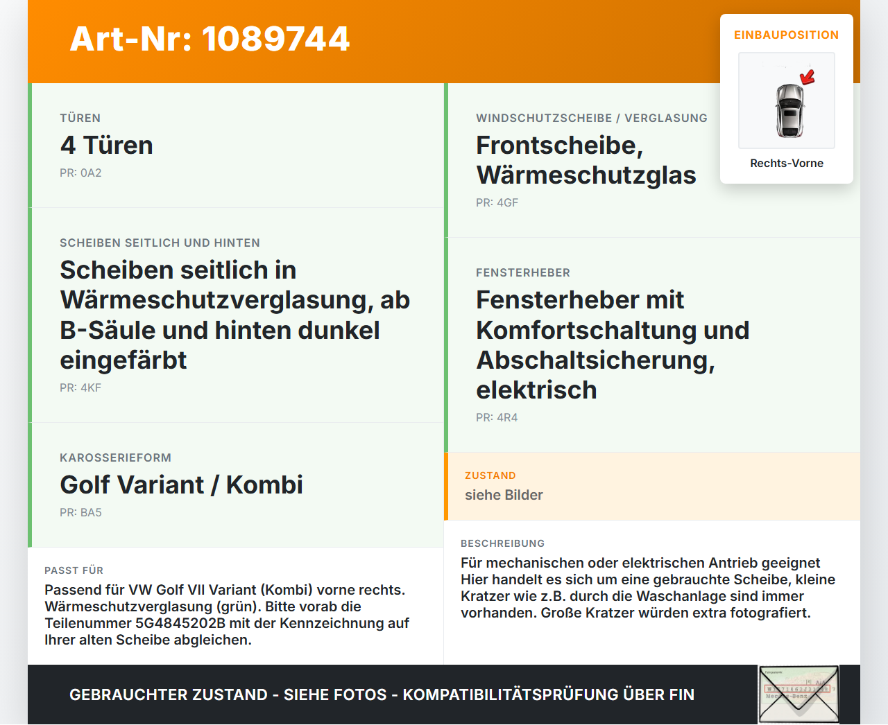 VW Golf VII 7 Variant 13-17 Kombi RVK Seitenscheibe für Tür Türscheibe Rechts Vorne VW Golf VII 7 Variant 13-17... Vorschau 3