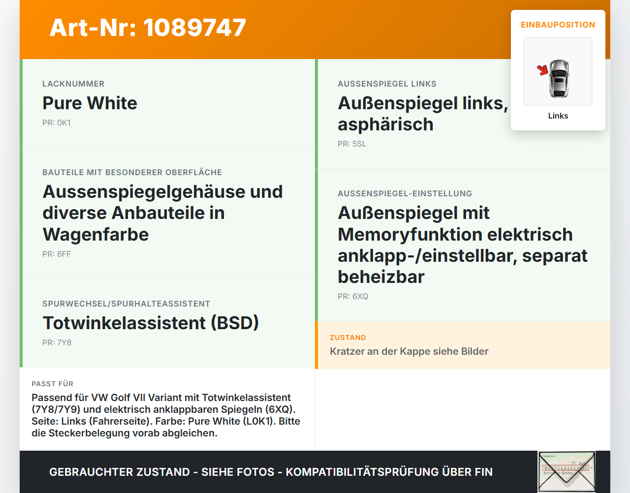 VW Golf VII 7 Variant 13-17 Spiegel Aussenspiegel Links Totwinkelassistent L0K1 VW Golf VII 7 Variant 13-17... Vorschau 3