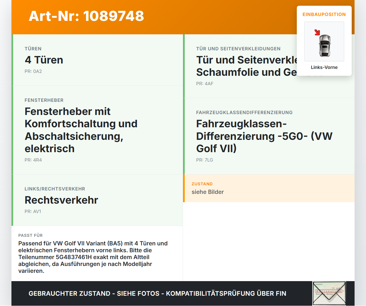 VW Golf VII 7 Variant 13-17 Kombi Fensterheber o. FH-Motor Links Vorne VW Golf VII 7 Variant 13-17 11.11.2014... Vorschau 3