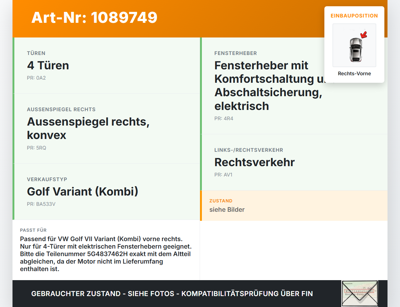 VW Golf VII 7 Variant 13-17 Kombi Fensterheber o. FH-Motor Rechts Vorne VW Golf VII 7 Variant 13-17 11.11.2014... Vorschau 3