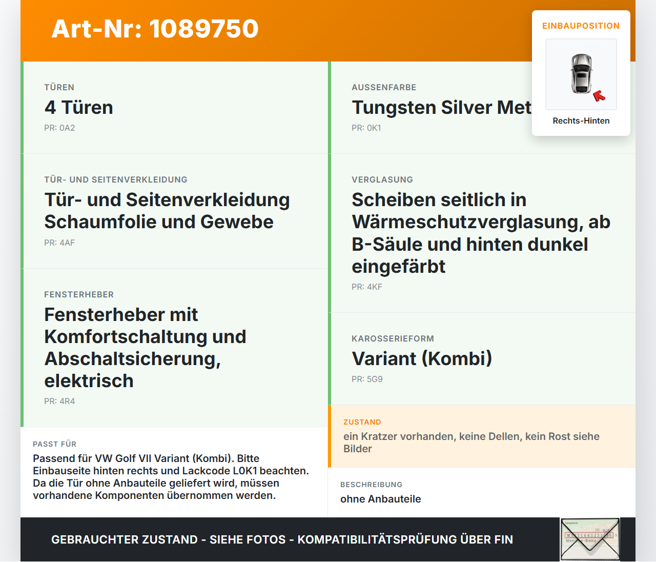VW Golf VII 7 Variant 13-17 Kombi Tür Rechts Hinten L0K1 VW Golf VII 7 Variant 13-17 11.11.2014 5G9833056D gebraucht Vorschau 3