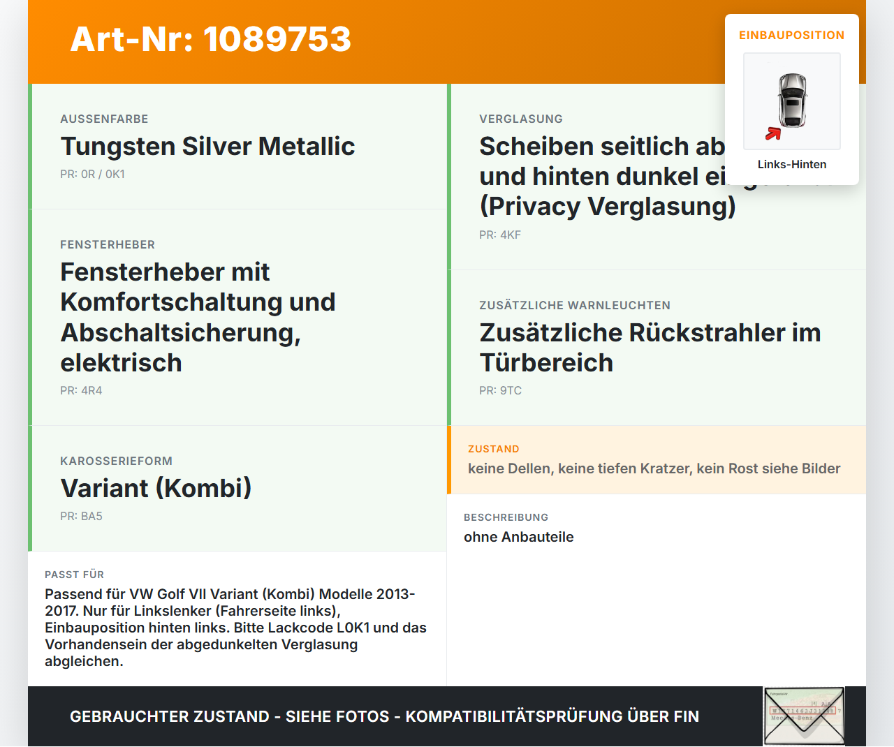 VW Golf VII 7 Variant 13-17 Kombi Tür Links Hinten L0K1 VW Golf VII 7 Variant 13-17 11.11.2014 5G9833055D gebraucht Vorschau 3