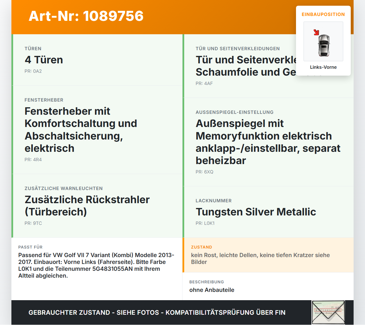 VW Golf VII 7 Variant 13-17 Kombi Tür Fahrertür Links Vorne L0K1 VW Golf VII 7 Variant 13-17 11.11.2014 5G4831055AN... Vorschau 3