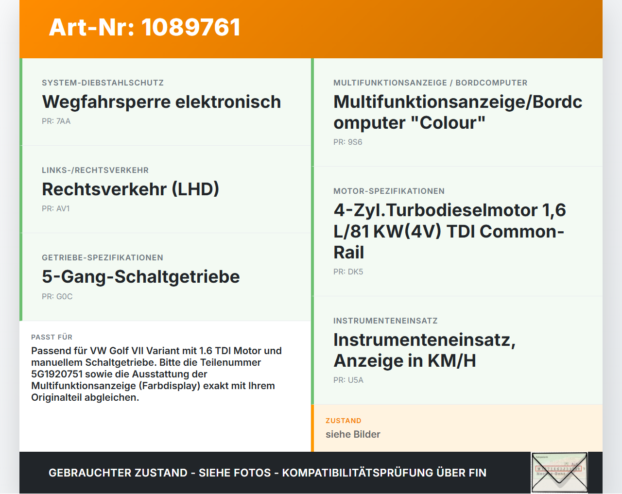 VW Golf VII 7 Variant 13-17 TDI 1,6 81KW Kombiinstrument Tacho VW Golf VII 7 Variant 13-17 11.11.2014 5G1920751... Vorschau 3