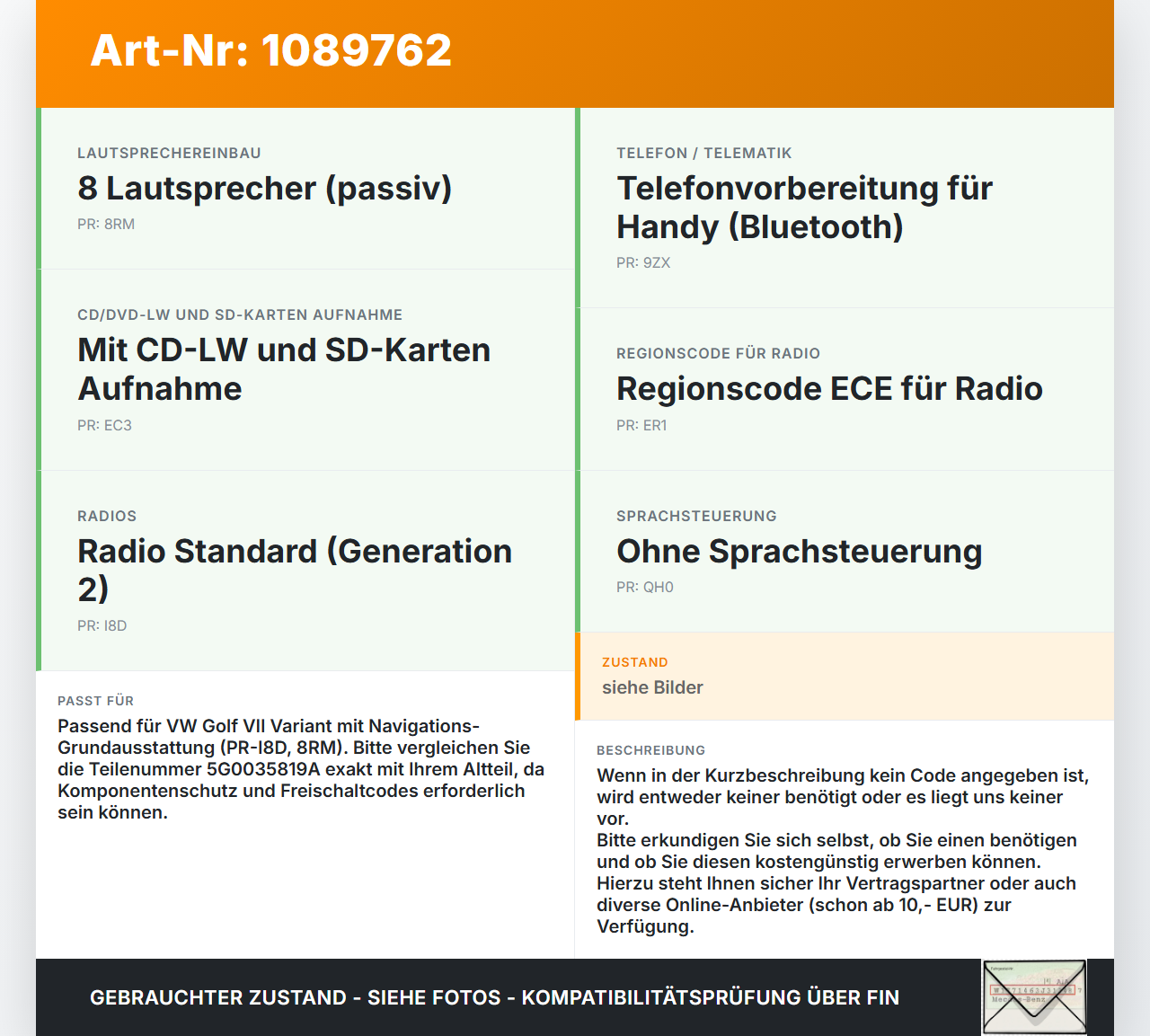 VW Golf VII 7 Variant 13-17 Navigationssystem Navi VW Golf VII 7 Variant 13-17 11.11.2014 5G0035819A CQ-SV24F0AE... Vorschau 3
