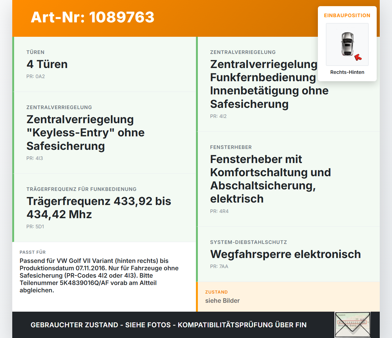 VW Golf VII 7 Variant 13-17 Kombi Türschloss Stellmotor Hinten Rechts VW Golf VII 7 Variant 13-17 11.11.2014... Vorschau 3
