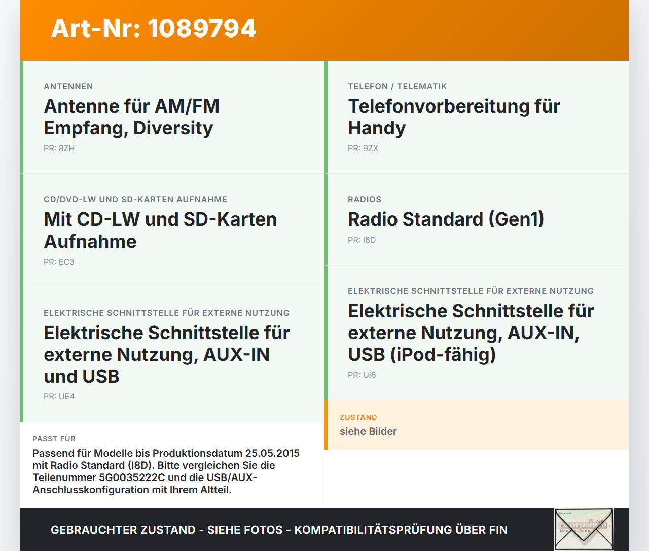 VW Golf VII 7 Variant 13-17 TDI 1,6 81KW Aux Adapter USB VW Golf VII 7 Variant 13-17 11.11.2014 5G0035222C gebraucht Vorschau 3