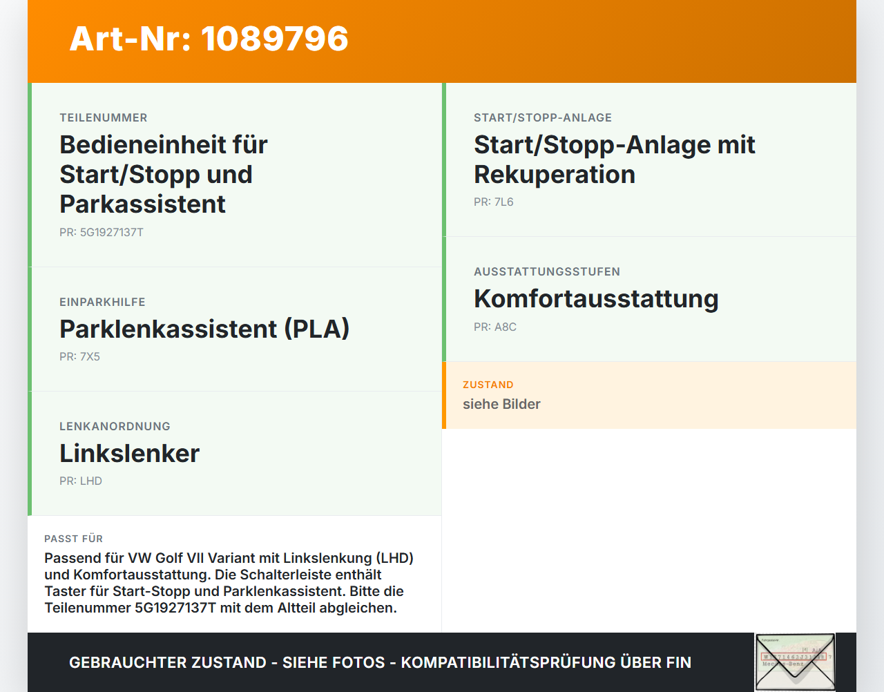 VW Golf VII 7 Variant 13-17 Schaltern Taster ECO Start VW Golf VII 7 Variant 13-17 11.11.2014 5G1927137T 10097403... Vorschau 3