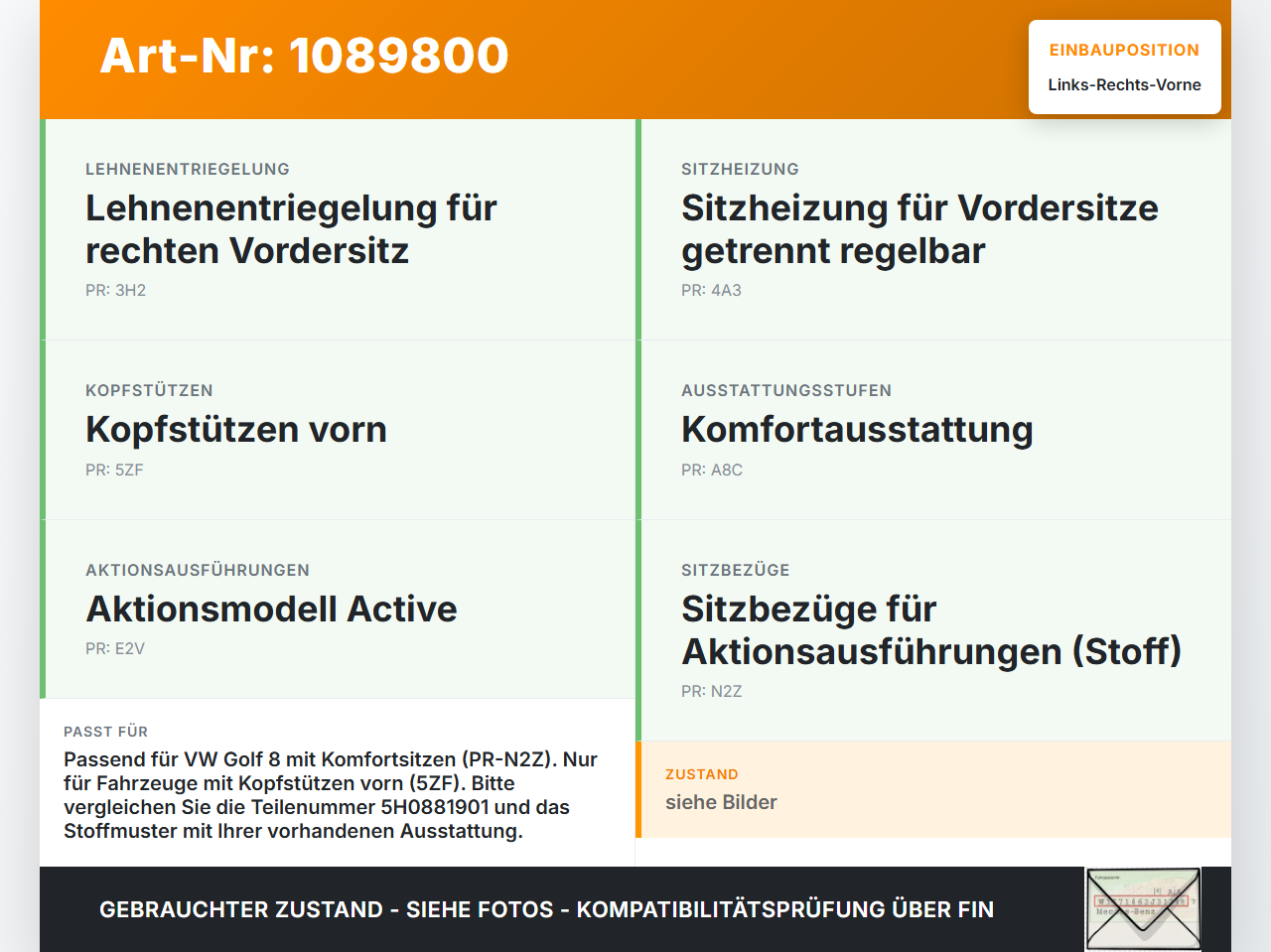 VW Golf 8 VIII 19-24 5T Kopfstütze für Beifahrer Sitz Rechts oder Links Vorne VW Golf 8 VIII 19-24 14.08.2023... Vorschau 3