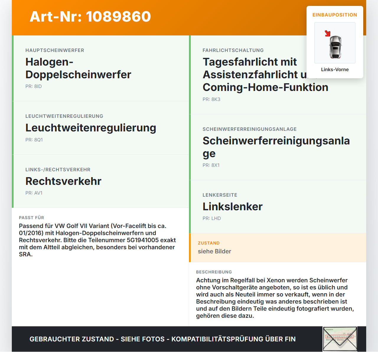 VW Golf VII 7 Variant 13-17 Scheinwerfer Halogen Vorne Links VW Golf VII 7 Variant 13-17 11.11.2014 5G1941005... Vorschau 3