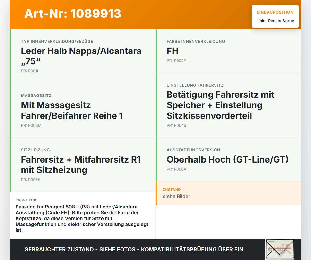 Peugeot 508 II 18-23 Leder Kopfstütze für Fahrer Sitz Rechts oder Links Vorne Peugeot 508 II 18-23 16.07.2019... Vorschau 3