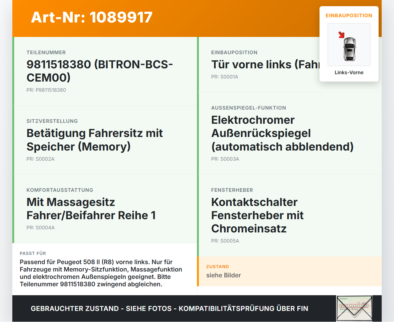 Peugeot 508 II 18-23 SG Steuergerät für Tür Airbag Links Vorne Peugeot 508 II 18-23 16.07.2019 9811518380... Vorschau 3