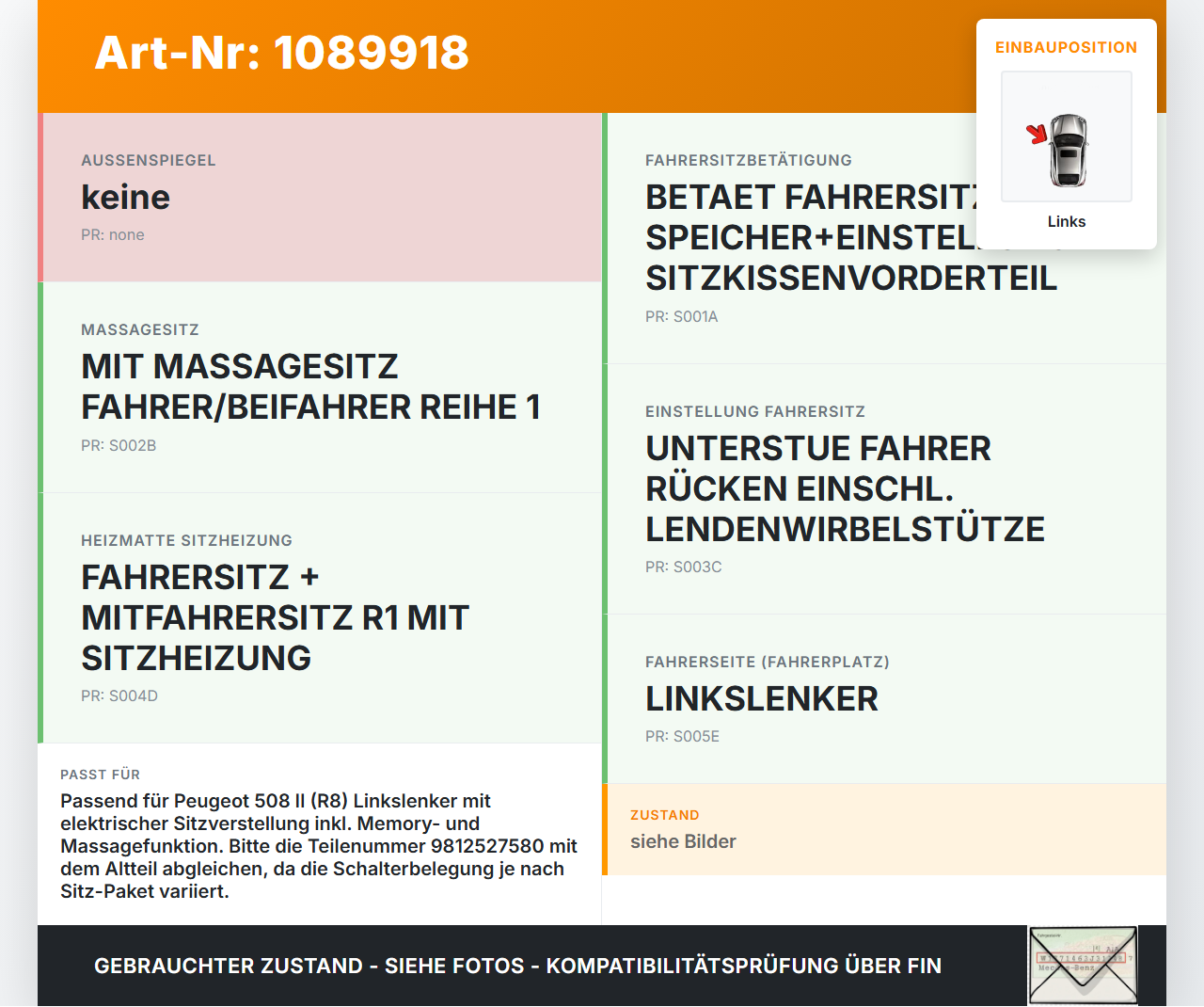 Peugeot 508 II 18-23 Sitzverstellung Schalter Links Peugeot 508 II 18-23 16.07.2019 9812527580 9812527577 440617800... Vorschau 3