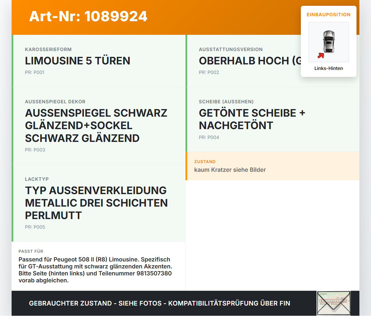 Peugeot 508 II 18-23 Lim Blende Aussen GT Türrahmen- Enstück für Schachtführung Tür Links Hinten Peugeot 508 II... Vorschau 3