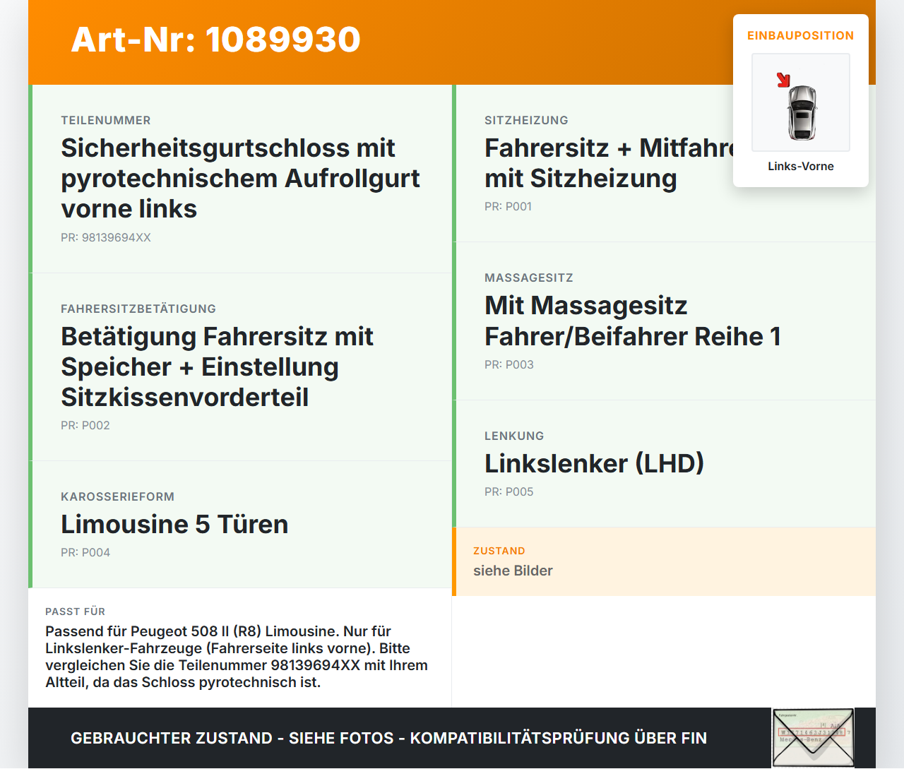 Peugeot 508 II 18-23 Lim Gurtstraffer Fahrer Links Vorne Peugeot 508 II 18-23 16.07.2019 98139694XX 6350541 gebraucht Vorschau 3