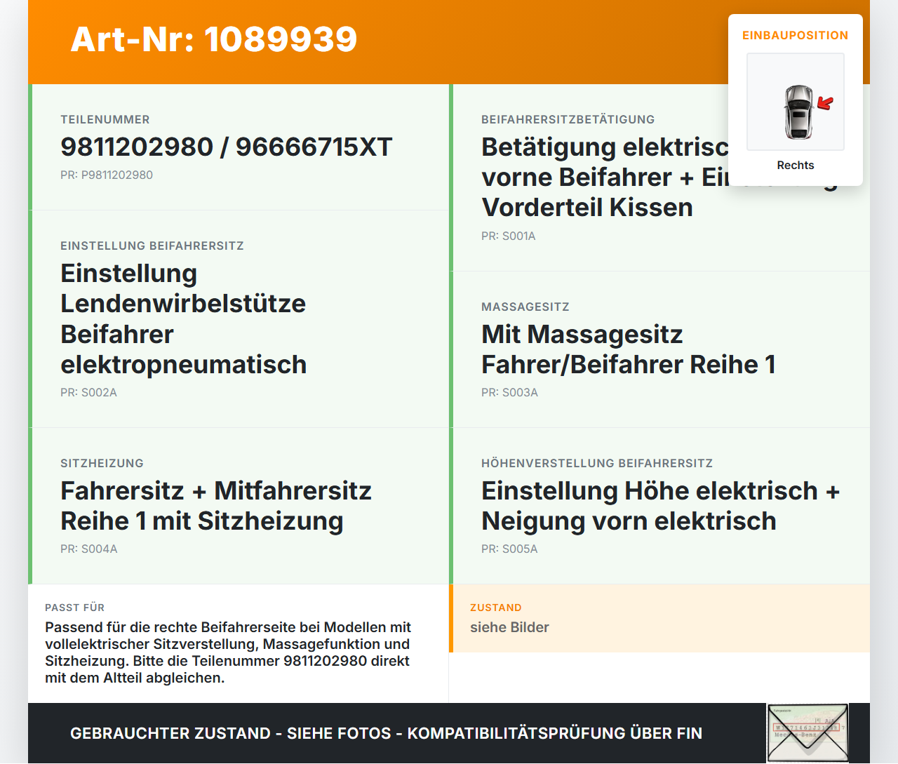 Peugeot 508 II 18-23 Schalter Rechts für Sitzverstellung Peugeot 508 II 18-23 16.07.2019 9811202980 96666715XT gebraucht Vorschau 3