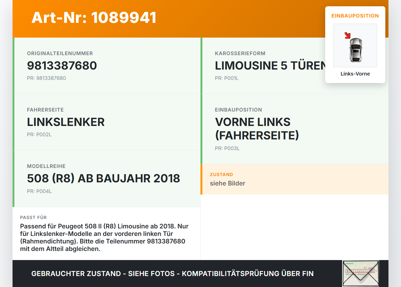 Peugeot 508 II 18-23 Lim Dichtung für Rahmen Tür Links Vorne Peugeot 508 II 18-23 16.07.2019 9813387680 gebraucht Vorschau 3