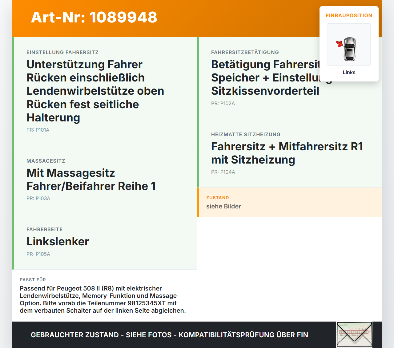 Peugeot 508 II 18-23 Schalter Sitzverstellung Lordosenstütze Links Peugeot 508 II 18-23 16.07.2019 9812534580... Vorschau 3