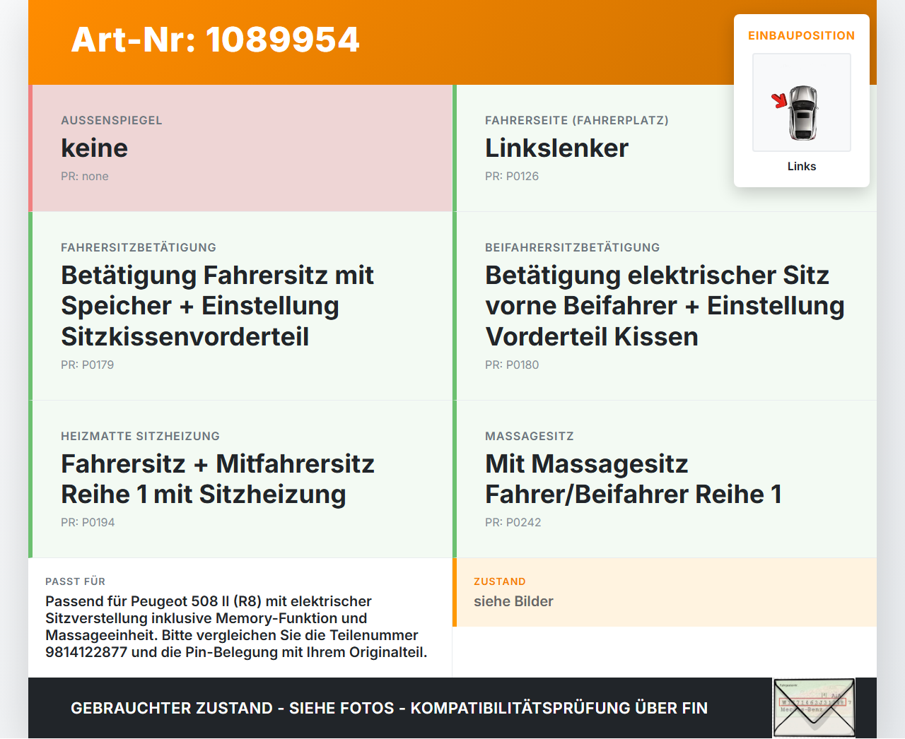 Peugeot 508 II 18-23 Schalter Links für Sitzverstellung Memory Peugeot 508 II 18-23 16.07.2019 9814122880... Vorschau 3