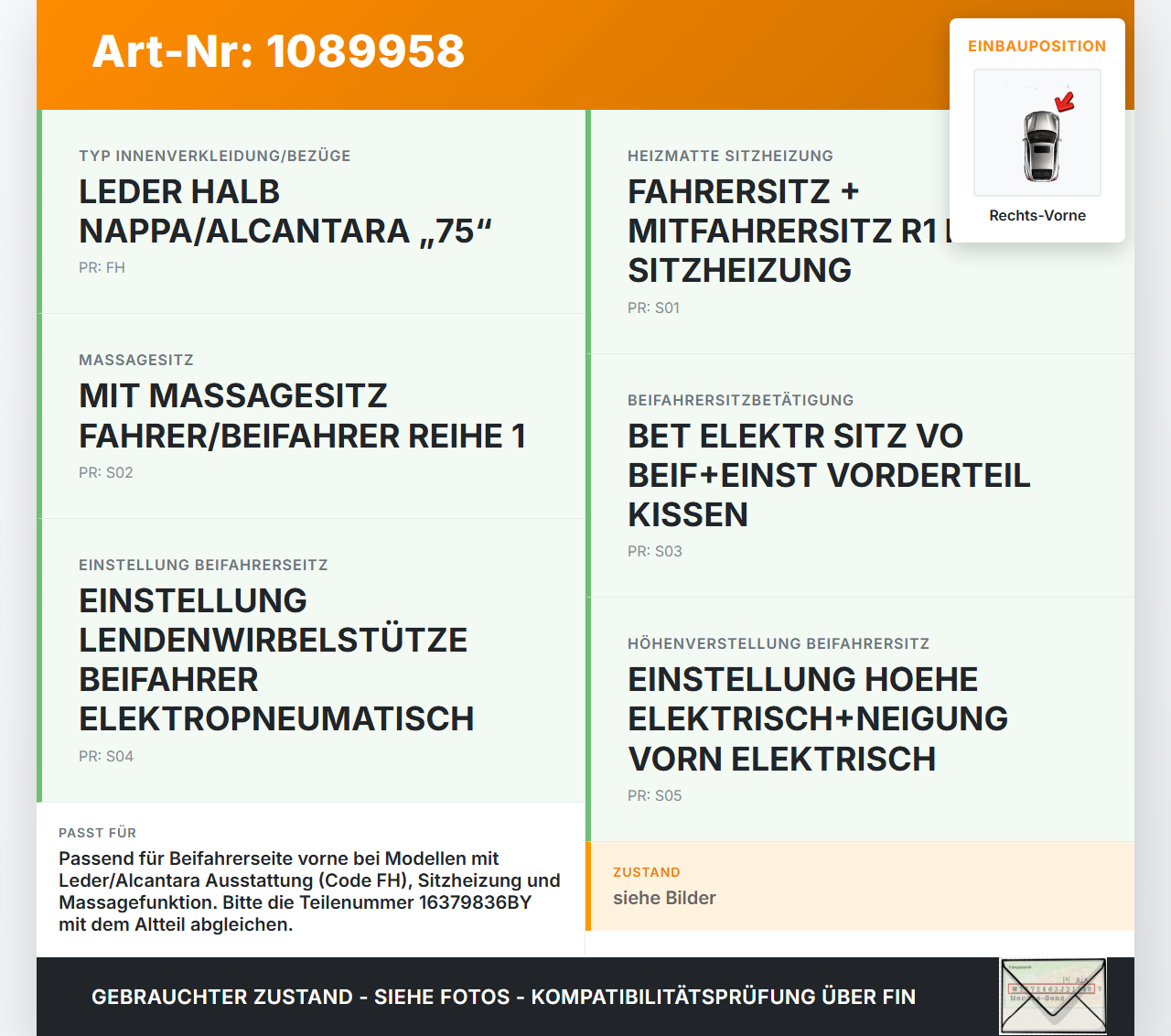 Peugeot 508 II 18-23 Lim Sitzbezug Sitzpolster für Beifahrersitz Rechts Vorne beheizt Peugeot 508 II 18-23... Vorschau 3