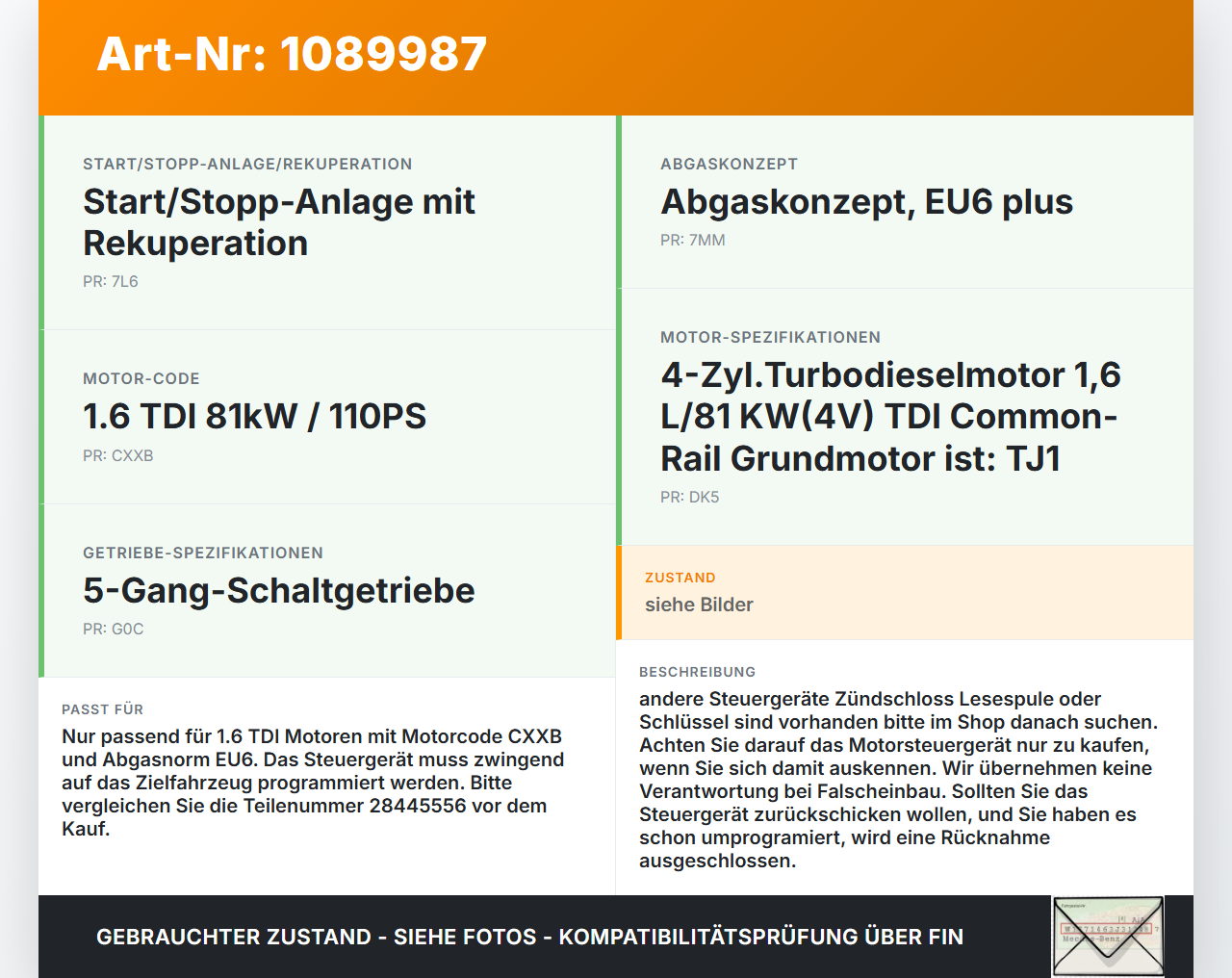 VW Golf VII 7 Variant 13-17 TDI 1,6 81KW Motorsteuergerät Diesel DCM6.2V VW Golf VII 7 Variant 13-17 11.11.2014... Vorschau 3
