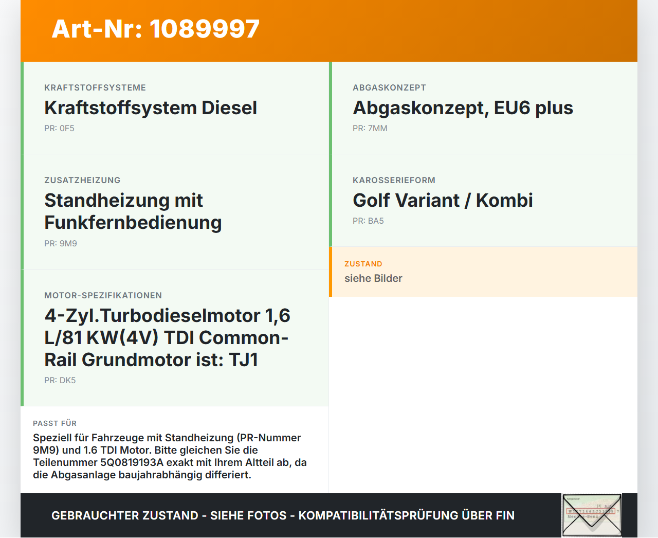 VW Golf VII 7 Variant 13-17 Auspuff Endtopf für Standheizung VW Golf VII 7 Variant 13-17 11.11.2014 5Q0819193A... Vorschau 3