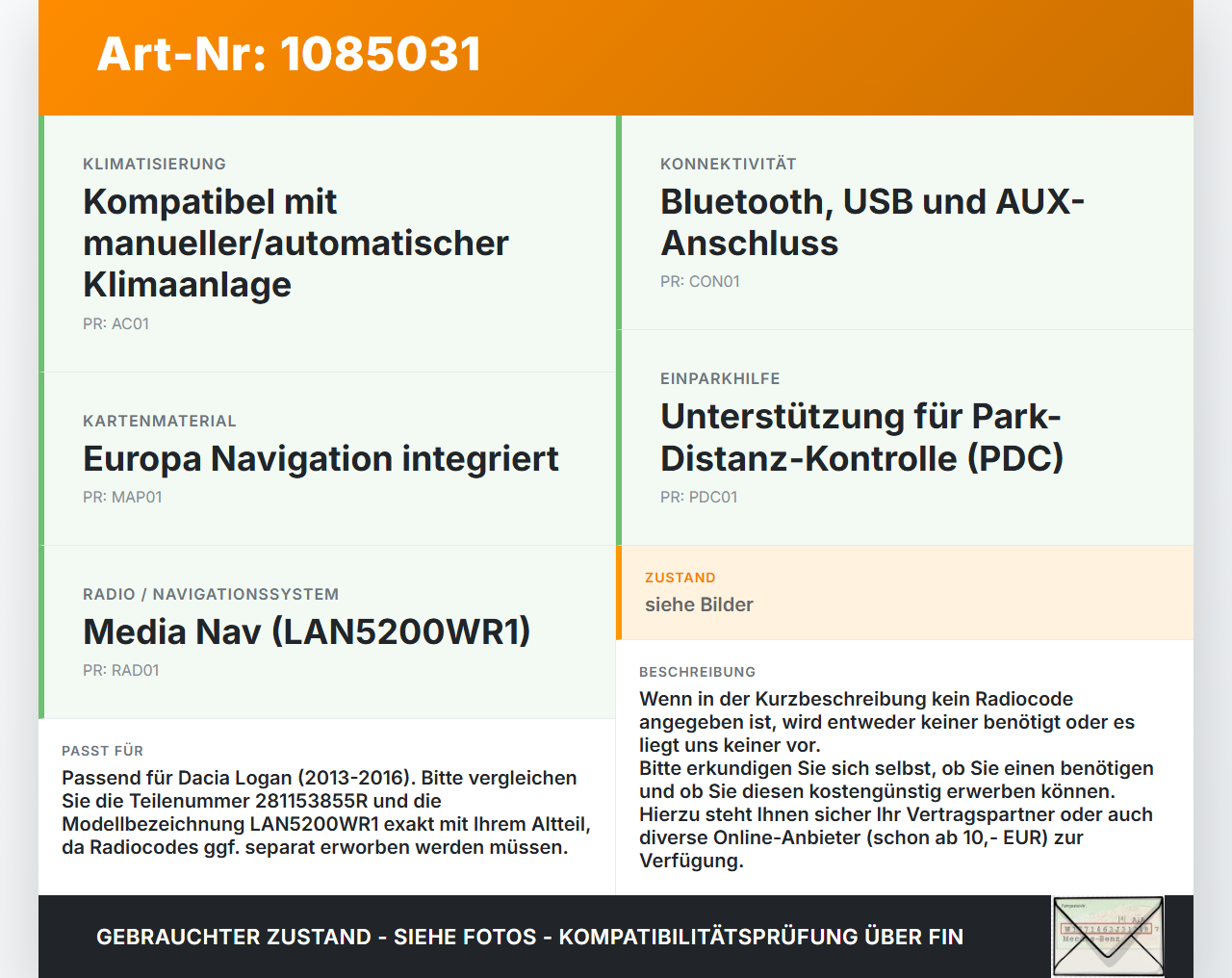 Dacia Logan 13-16 Autoradio LAN5200WR1 Dacia Logan 13-16 04.02.2014 281153855R gebraucht Vorschau 3