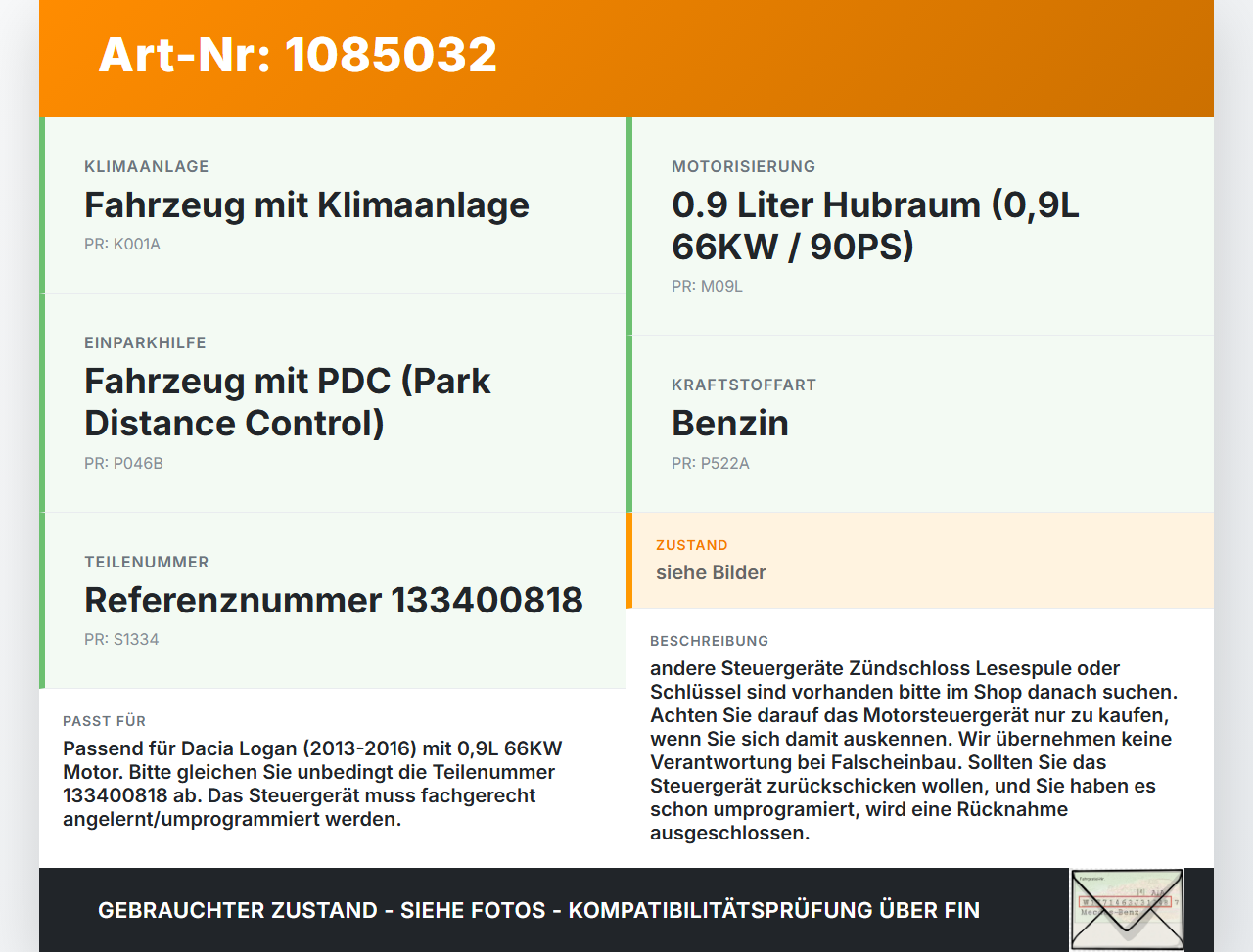 Dacia Logan 13-16 0,9 66KW Steuergerät ECU für Motor Motorsteuergerät Dacia Logan 13-16 04.02.2014 237103008R... Vorschau 3