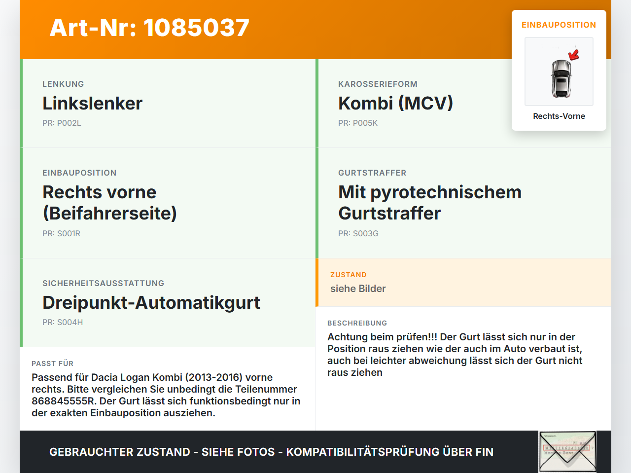 Dacia Logan 13-16 Kombi Gurt Sicherheitsgurt Rechts Vorne Dacia Logan 13-16 04.02.2014 868845555R gebraucht Vorschau 3