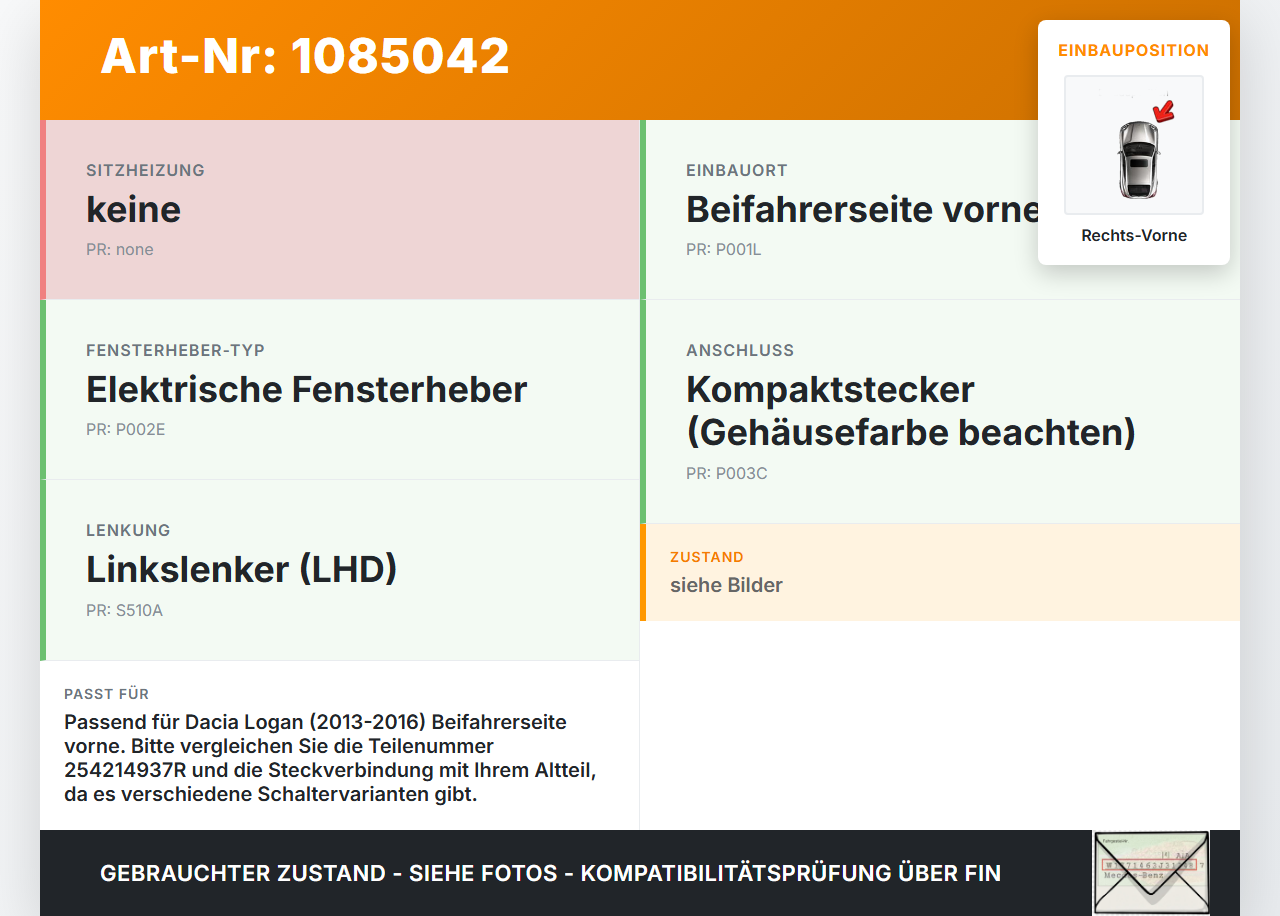 Dacia Logan 13-16 Kombi Fensterheberschalter Schalter Rechts Vorne Dacia Logan 13-16 04.02.2014 254214937R gebraucht Vorschau 3