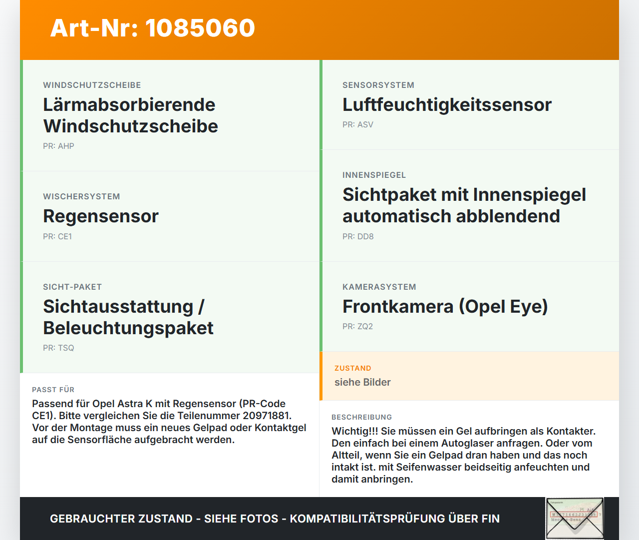 Opel Astra K B16 15-19 Regensensor Opel Astra K B16 15-19 31.05.2016 20971881 6PW011012-00 gebraucht Vorschau 3