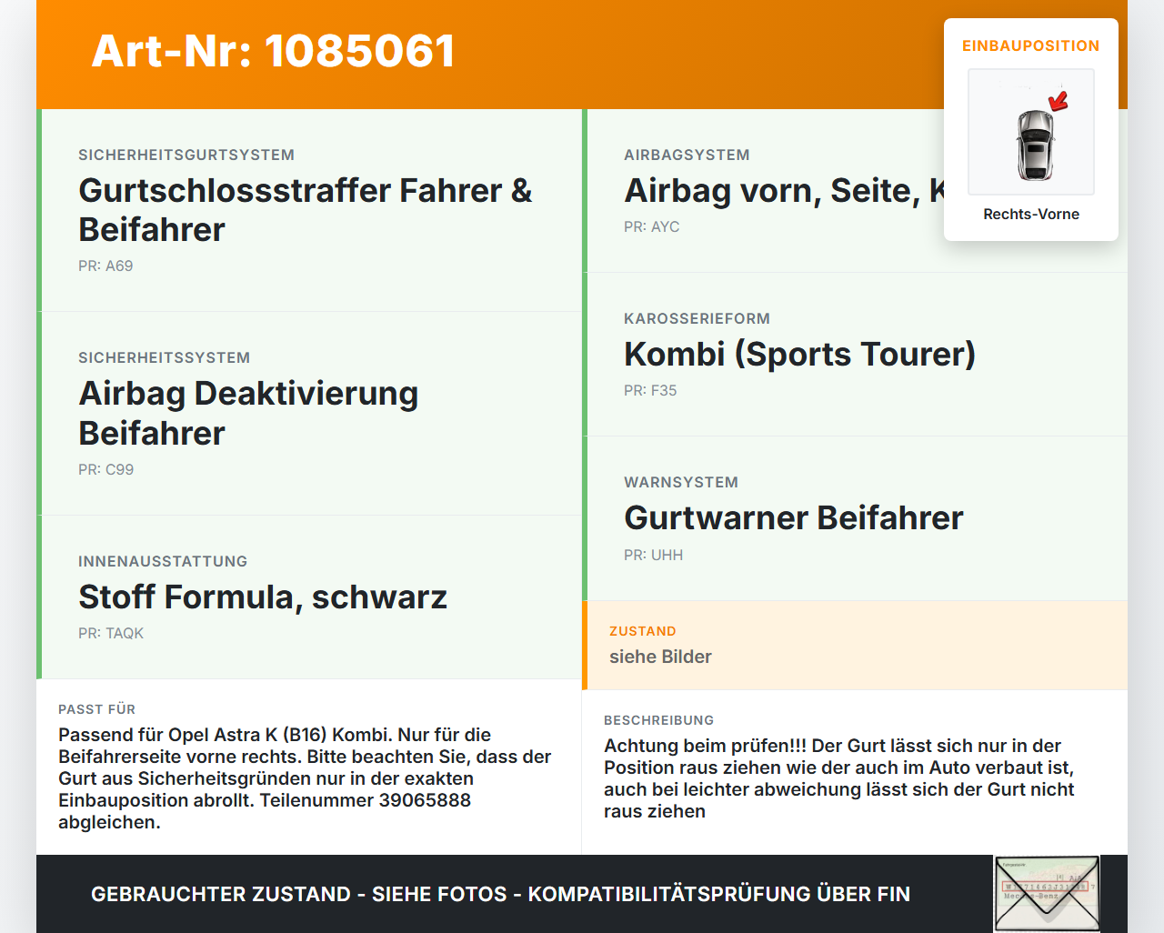 Opel Astra K B16 15-19 Kombi Gurt Sicherheitsgurt Gurtstraffer für Beifahrer Rechts Vorne Opel Astra K B16 15-19... Vorschau 3