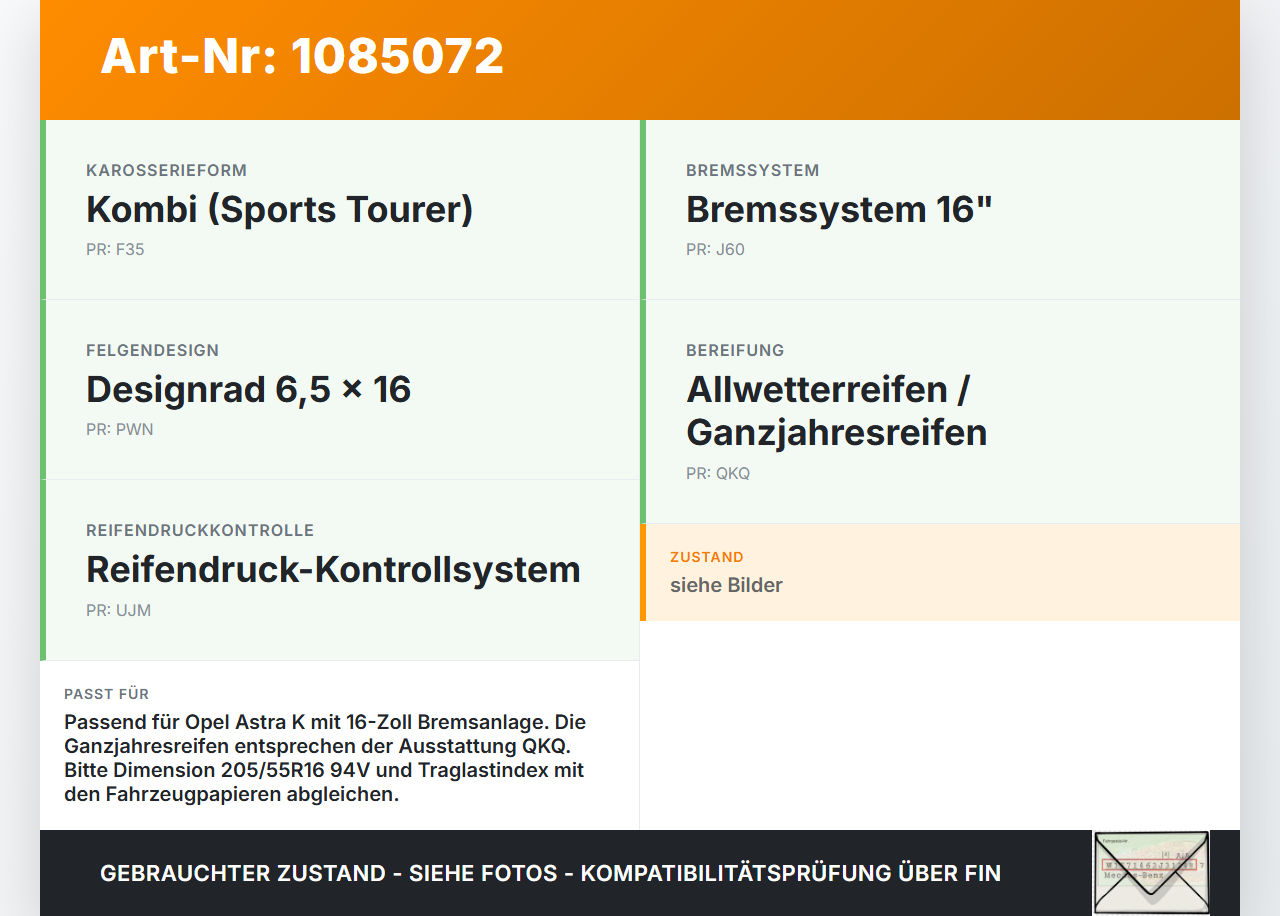 Opel Astra K B16 15-19 2 x Reifen Ganzjahresreifen Goodyear 205/55R16 94 V Opel Astra K B16 15-19 31.05.2016 gebraucht Vorschau 3