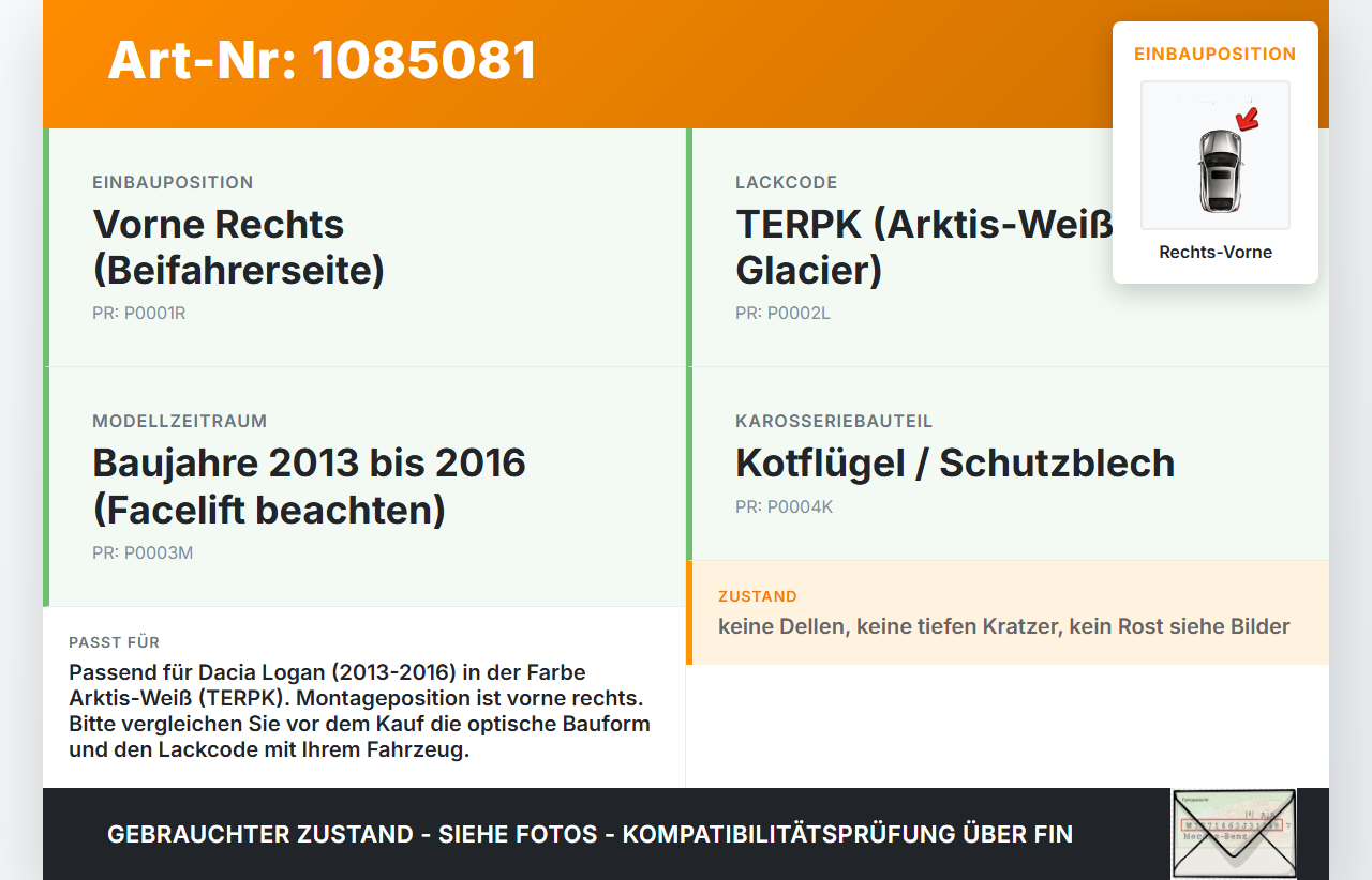 Dacia Logan 13-16 Kotflügel Rechts Vorne TERPK Dacia Logan 13-16 04.02.2014 gebraucht Vorschau 3