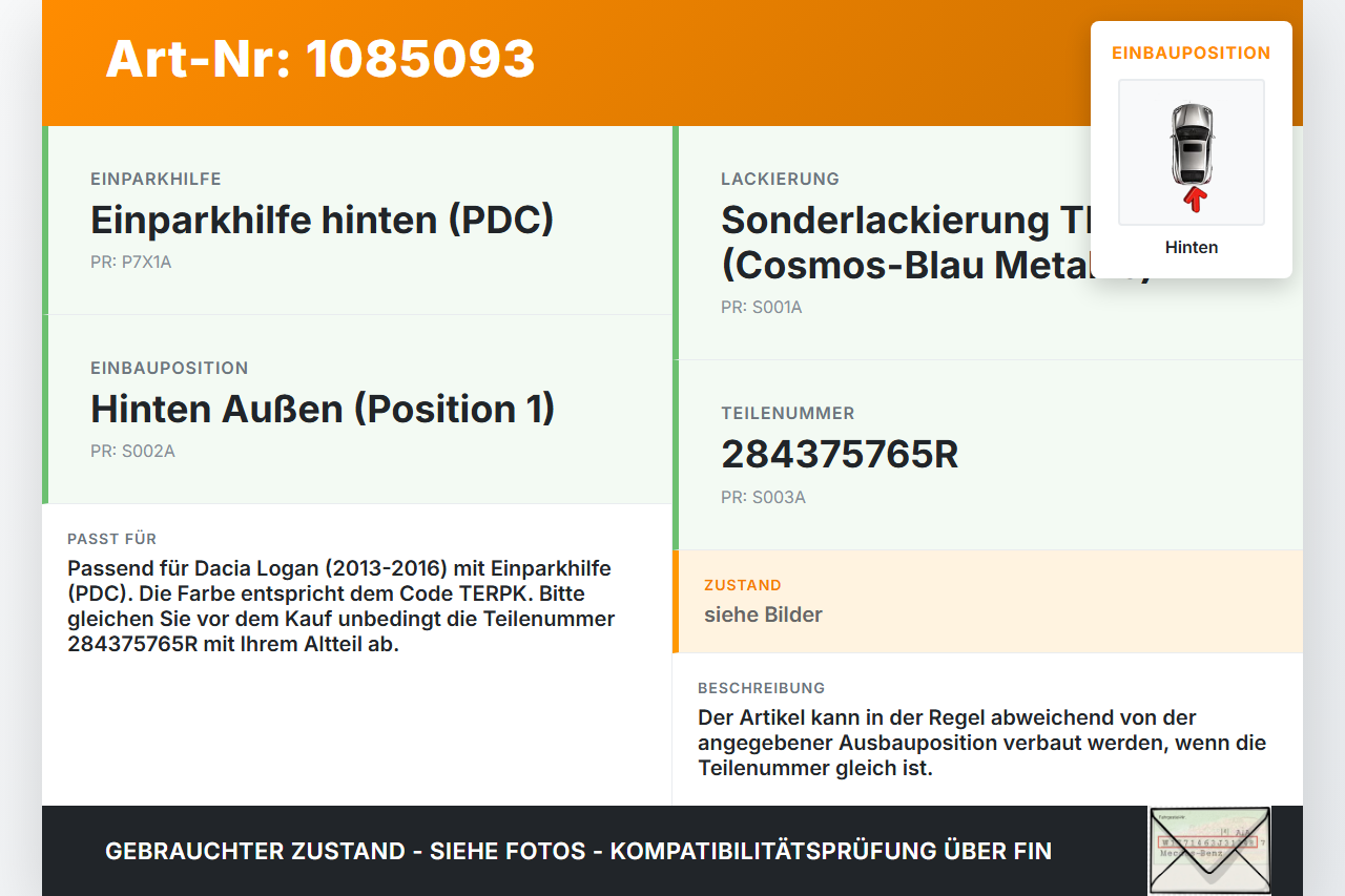 Dacia Logan 13-16 PDC Sensor Pos.1 Aussen Hinten TERPK Dacia Logan 13-16 04.02.2014 284375765R BOT-04510-00-0A gebraucht Vorschau 3