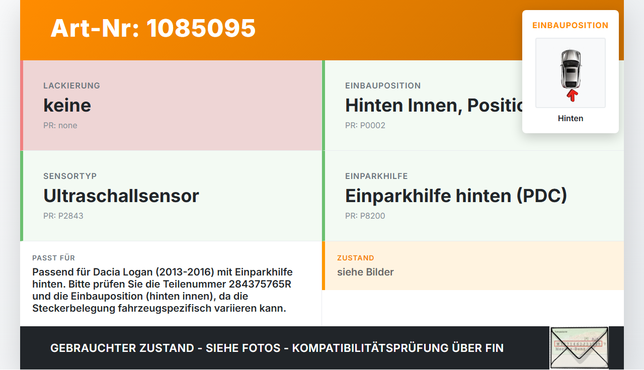 Dacia Logan 13-16 Abstands Sensor Parksensor PDC Innen Hinten Pos.2 Dacia Logan 13-16 04.02.2014 284375765R... Vorschau 3