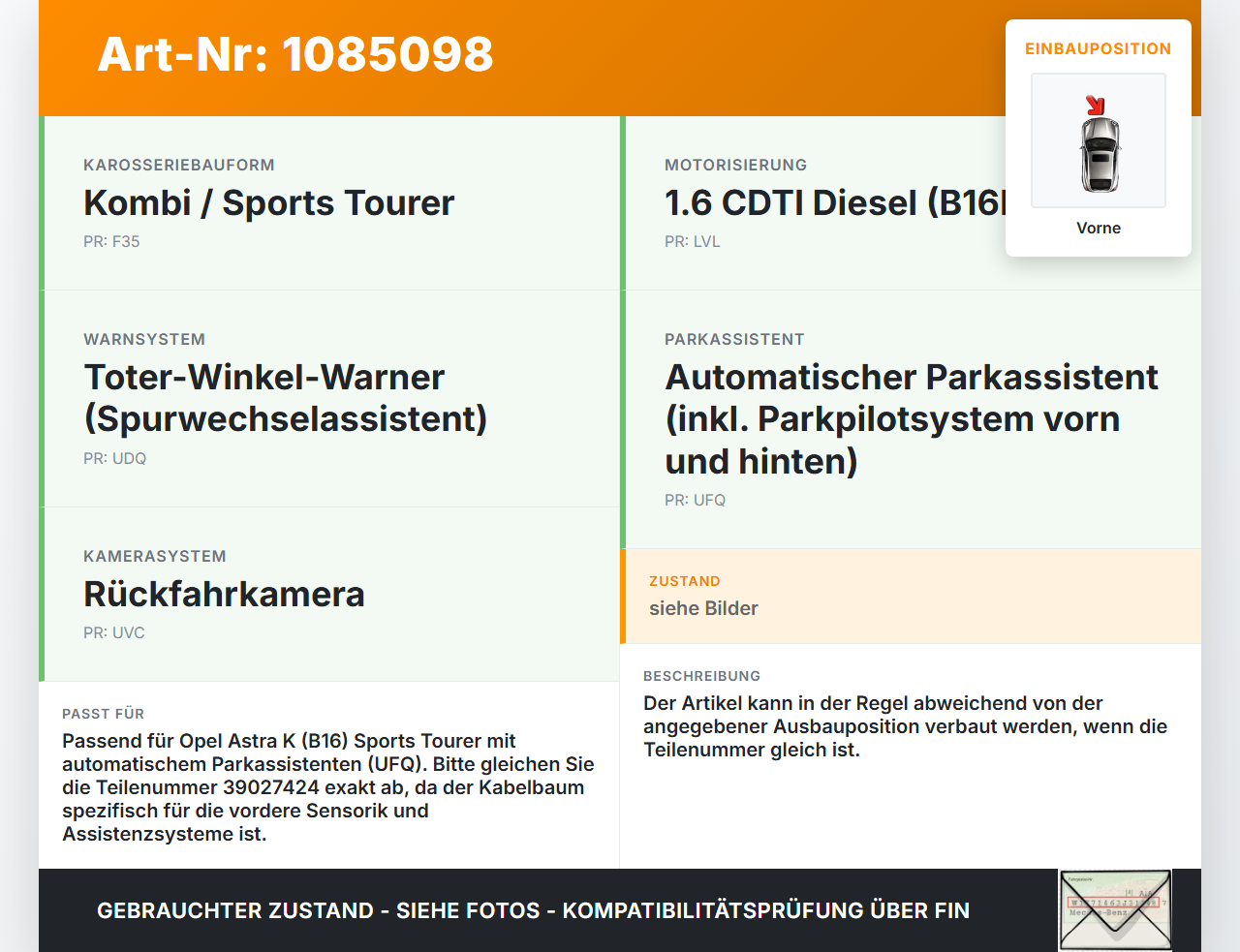 Opel Astra K B16 15-19 PDC Kabelbaum Pos.1 Vorne Opel Astra K B16 15-19 31.05.2016 39027424 61H08330A gebraucht Vorschau 3