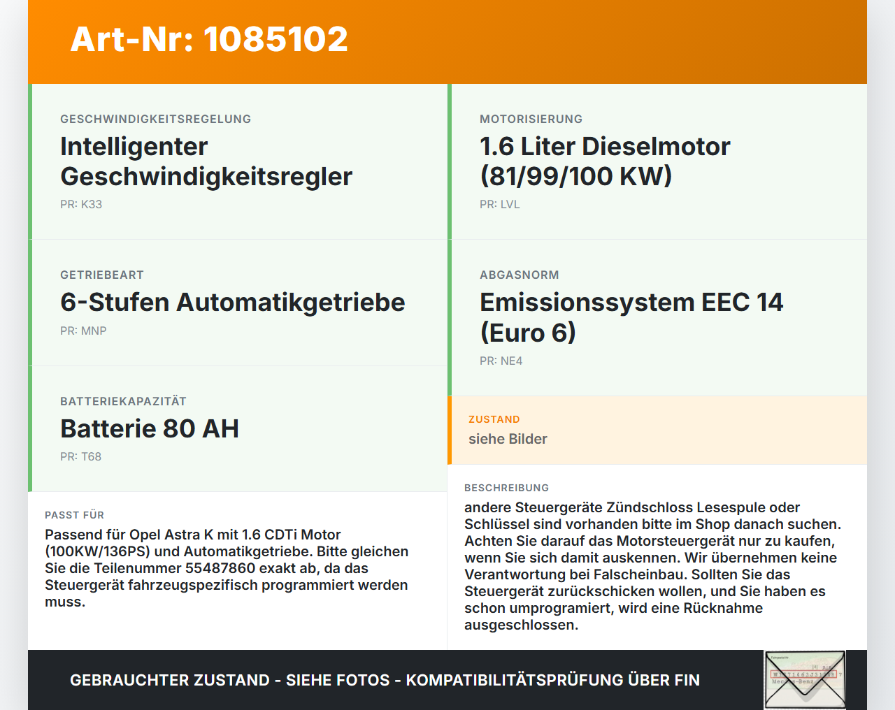 Opel Astra K B16 15-19 CDTi 1,6 100KW Steuergerät ECU für Motor Motorsteuergerät Opel Astra K B16 15-19 31.05.2016... Vorschau 3