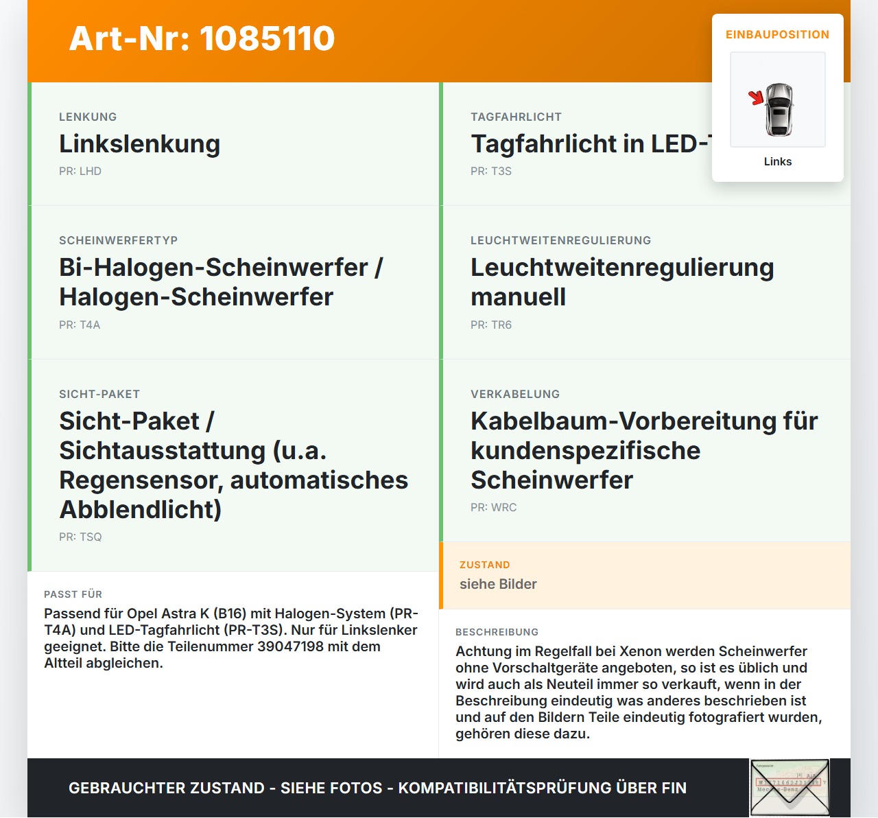 Opel Astra K B16 15-19 Scheinwerfer Frontscheinwerfer Links Opel Astra K B16 15-19 31.05.2016 39047198... Vorschau 3