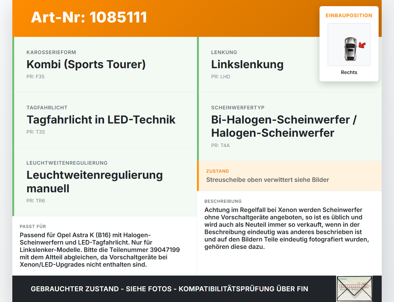 Opel Astra K B16 15-19 Halogen Scheinwerfer Frontscheinwerfer Rechts orig. Opel Astra K B16 15-19 31.05.2016... Vorschau 3