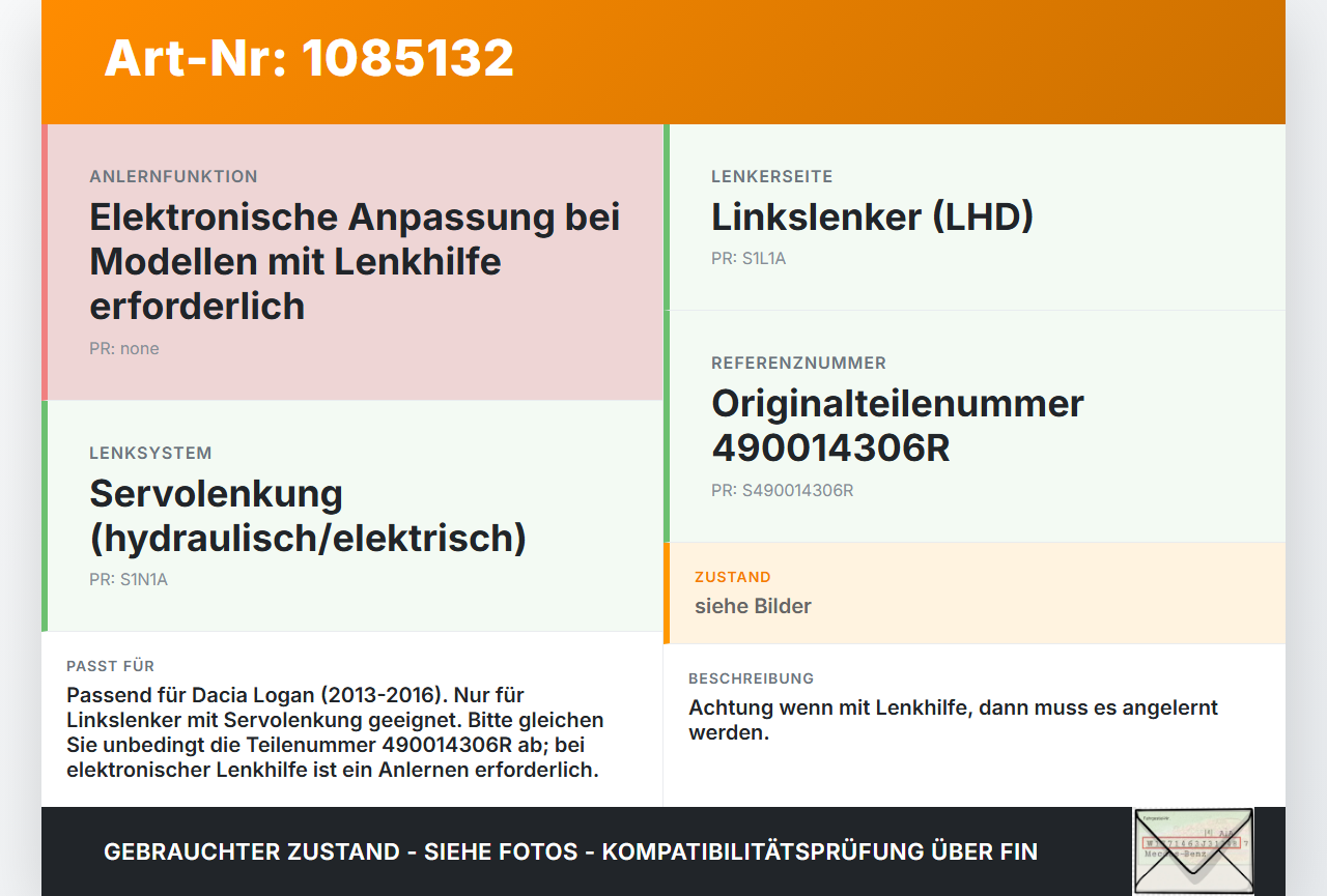 Dacia Logan 13-16 Lenkgetriebe Servolenkung Dacia Logan 13-16 04.02.2014 490014306R 6900002298 gebraucht Vorschau 3