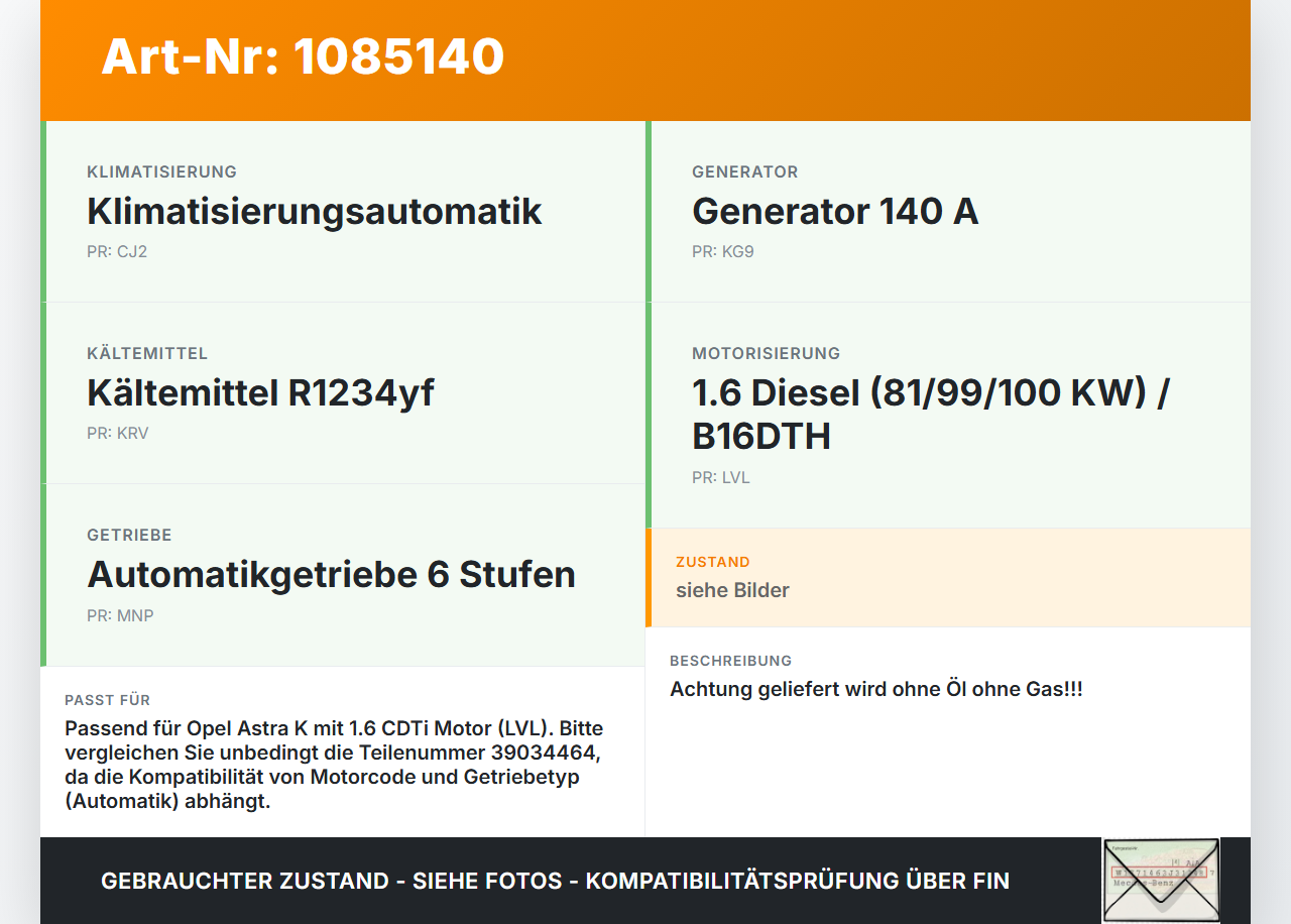 Opel Astra K B16 15-19 CDTi 1,6 100KW Klimakompressor Klima Kompressor Opel Astra K B16 15-19 31.05.2016 39034464... Vorschau 3